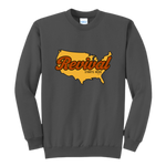 Charcoal crewneck sweatshirt with a map of the United States beneath REVIVAL STARTS HERE text. 