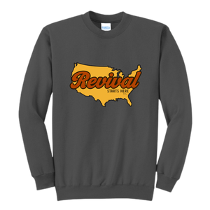 Charcoal crewneck sweatshirt with a map of the United States beneath REVIVAL STARTS HERE text. 