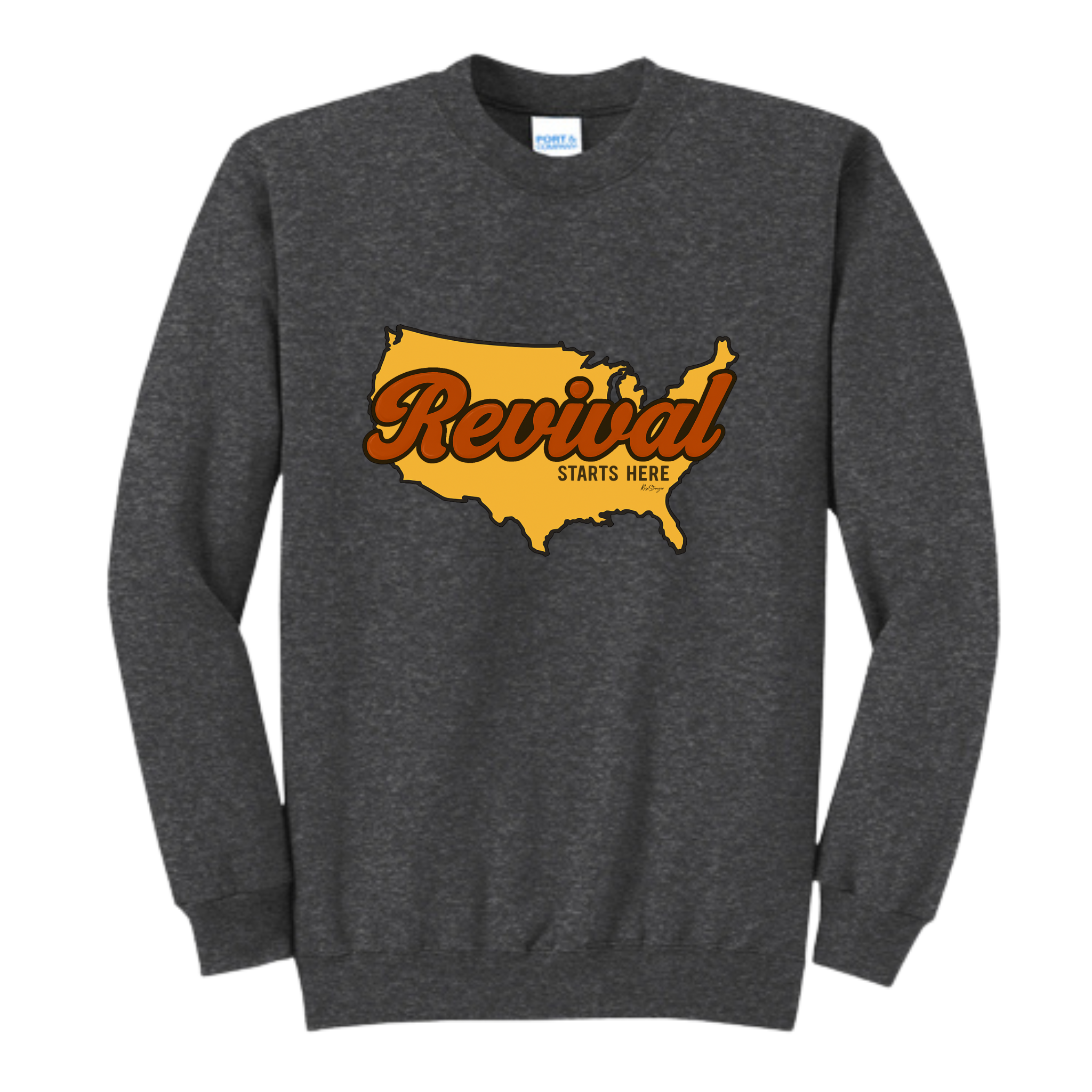 Gray sweatshirt with a map of the United States and 'Revival Starts Here' text .