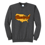 Gray sweatshirt with a map of the United States and 'Revival Starts Here' text .