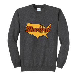 Gray sweatshirt with a map of the United States and 'Revival Starts Here' text .