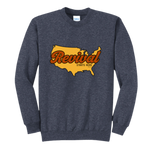Heather Navy crew with Revival Starts Here overlaying a map of the USA. 