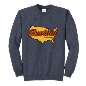 Heather Navy crew with Revival Starts Here overlaying a map of the USA. 