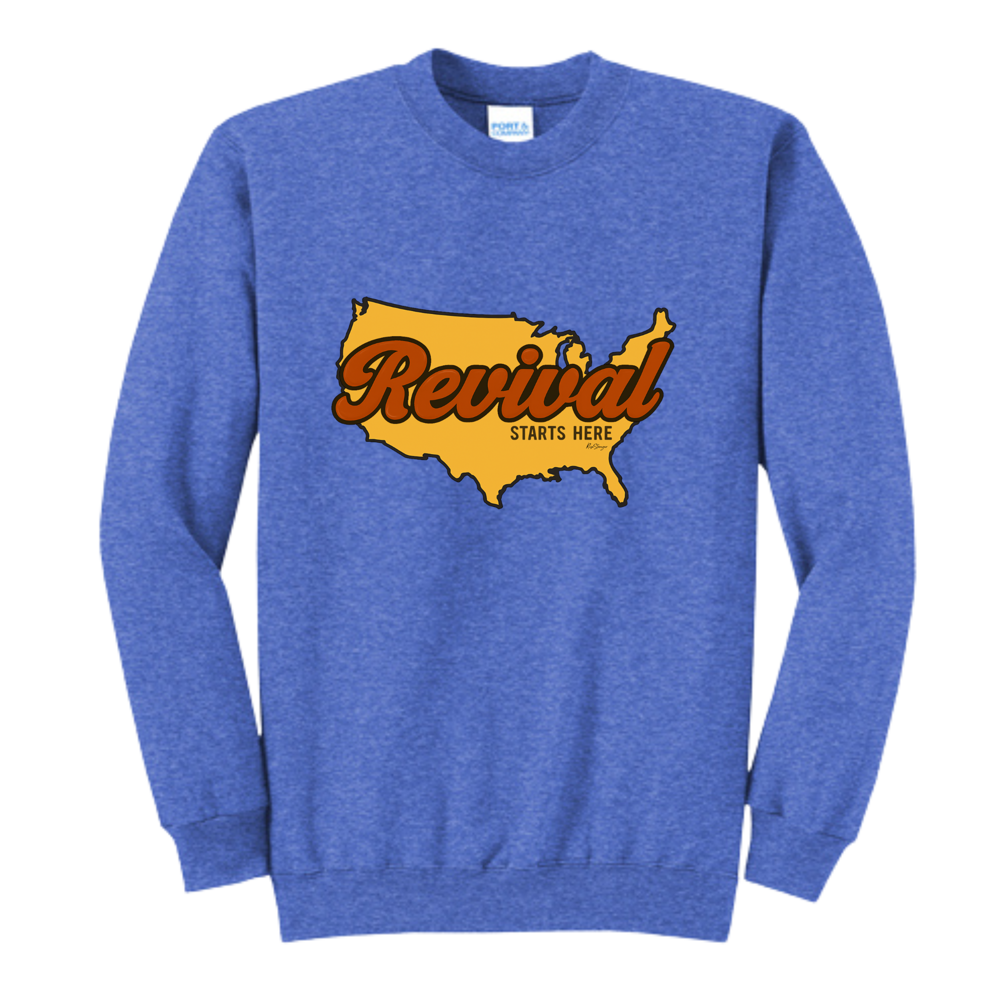 Royal Blue crewneck sweatshirt with Revival Starts Here over an outline of the United States.