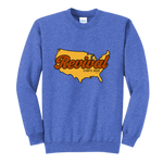 Royal Blue crewneck sweatshirt with Revival Starts Here over an outline of the United States.
