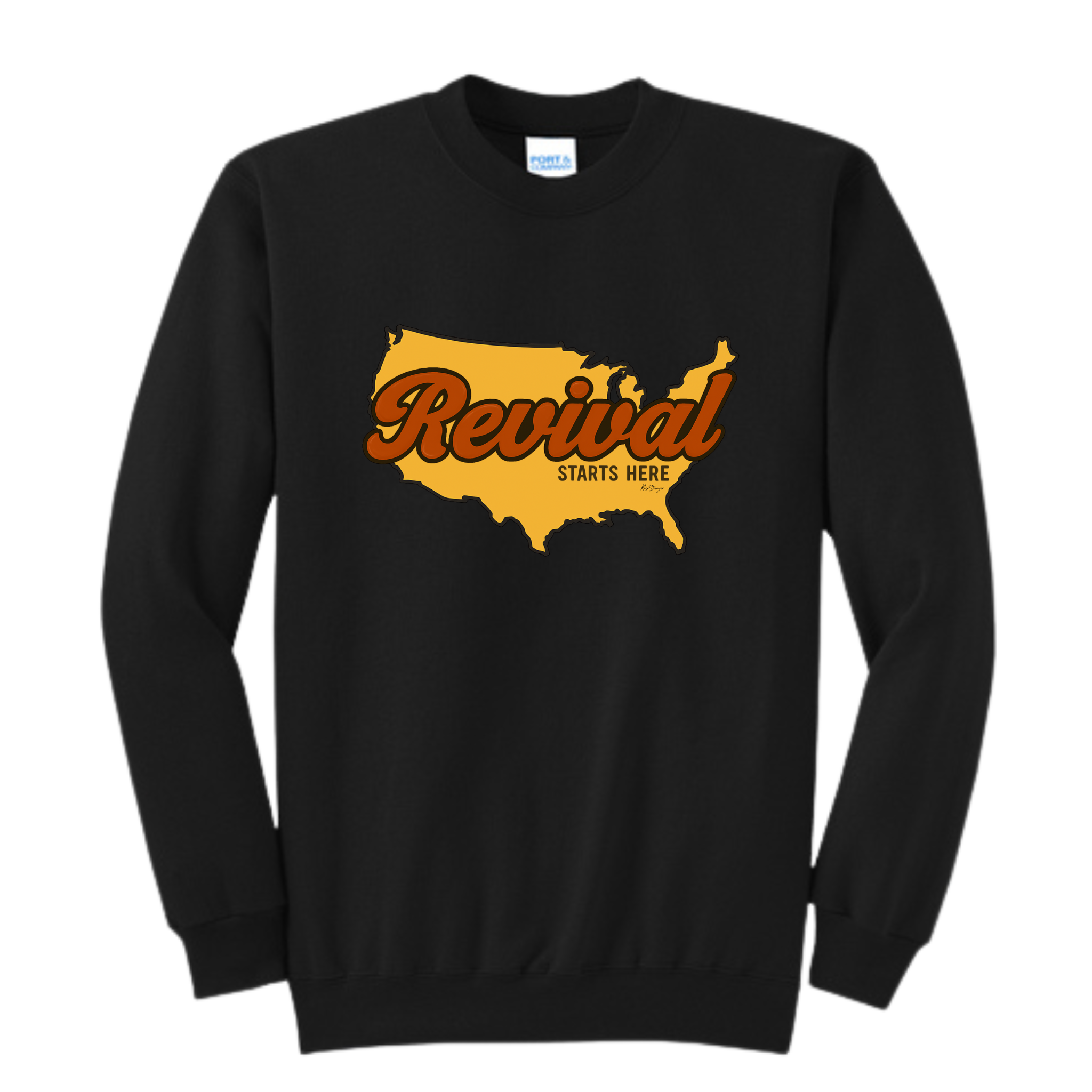 Christian crewneck sweatshirt in black featuring Revival Starts Here text overlaying a gold map of the USA. 