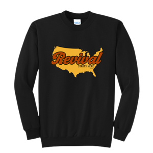 Christian crewneck sweatshirt in black featuring Revival Starts Here text overlaying a gold map of the USA. 