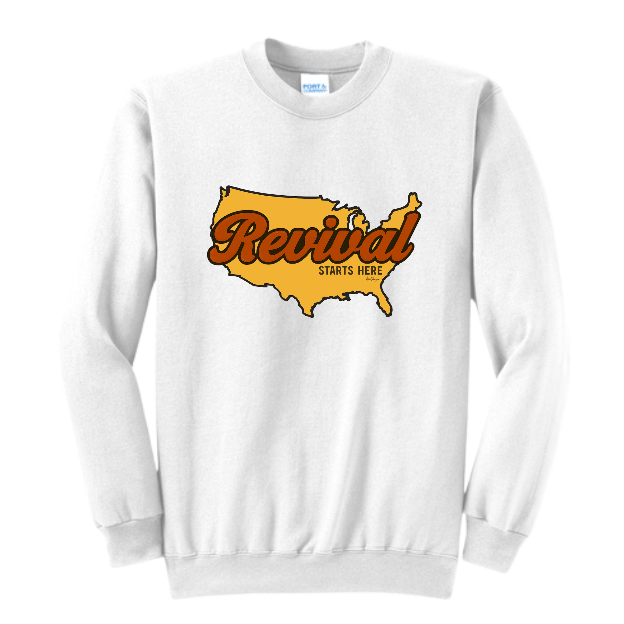 White crewneck sweatshirt with 'Revival Starts Here' text overlaying a map of the USA.