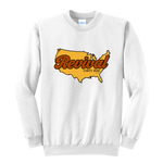 White crewneck sweatshirt with 'Revival Starts Here' text overlaying a map of the USA.