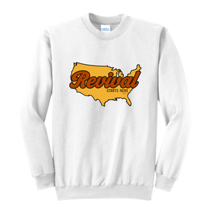 White crewneck sweatshirt with 'Revival Starts Here' text overlaying a map of the USA.
