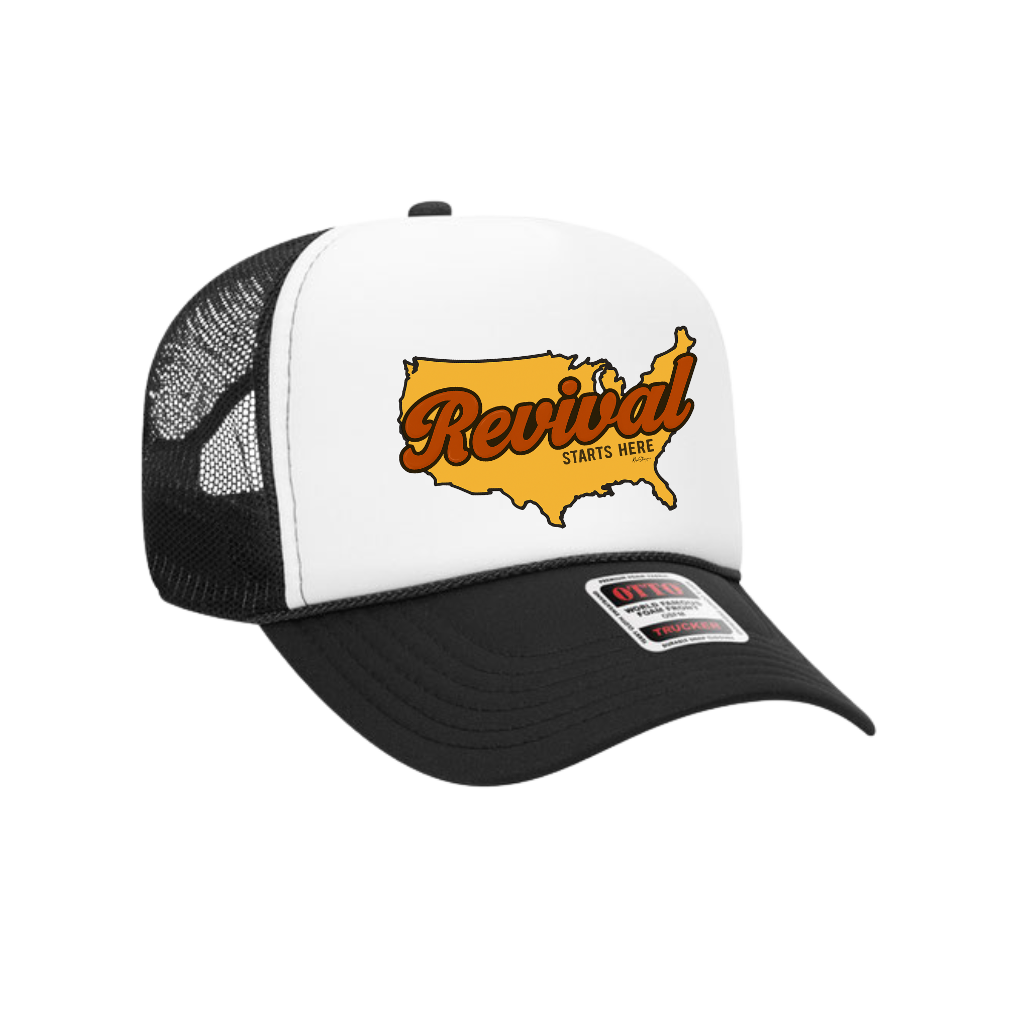 Side view of Christian trucker hat in black and white with 'Revival Starts Here' overlaying the USA