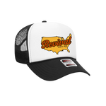 Side view of Christian trucker hat in black and white with 'Revival Starts Here' overlaying the USA
