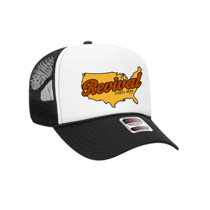 Side view of Christian trucker hat in black and white with 'Revival Starts Here' overlaying the USA