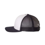 Side view of a  navy and white Christian trucker hat with Revival Starts Here overlaying a map of the USA