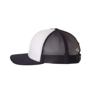 Side view of a  navy and white Christian trucker hat with Revival Starts Here overlaying a map of the USA