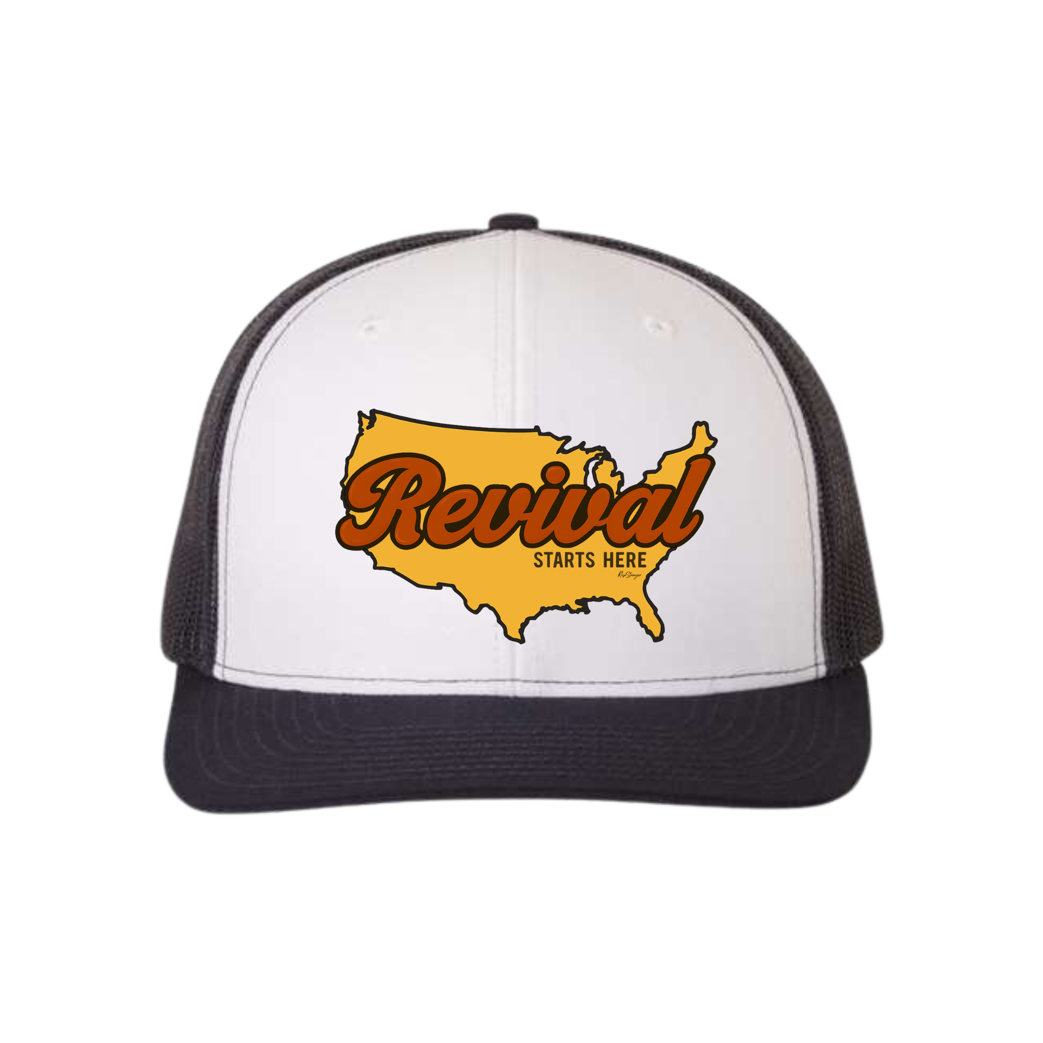 Navy and white Christian trucker hat with Revival Starts Here overlaying a map of the USA