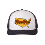 Navy and white Christian trucker hat with Revival Starts Here overlaying a map of the USA