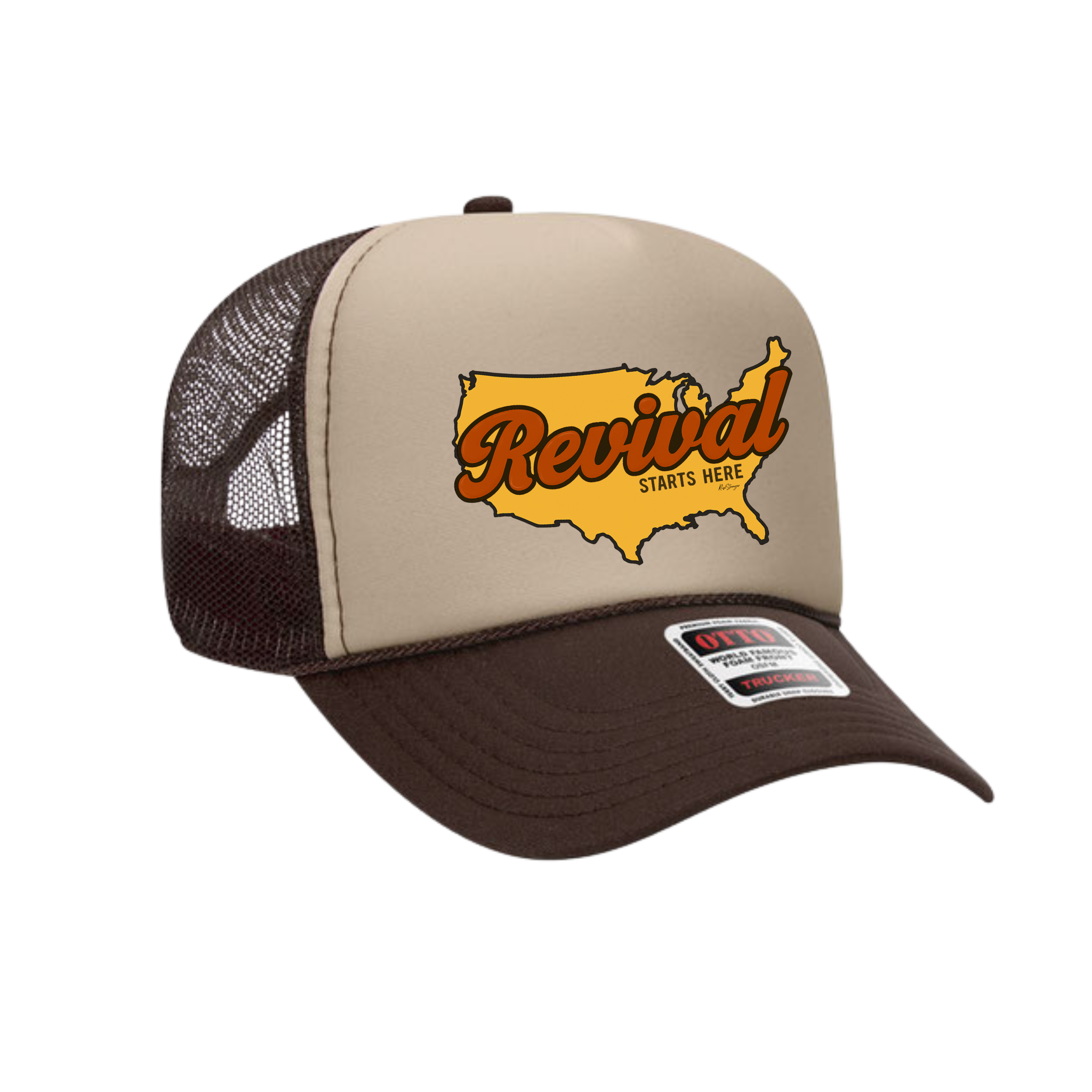 Side view of Christian trucker hat in beige and brown with 'Revival Starts Here' overlaying the USA