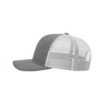 Side view of a gray and white Christian trucker cap with Revival Starts Here overlaying a map of the USA