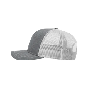 Side view of a gray and white Christian trucker cap with Revival Starts Here overlaying a map of the USA