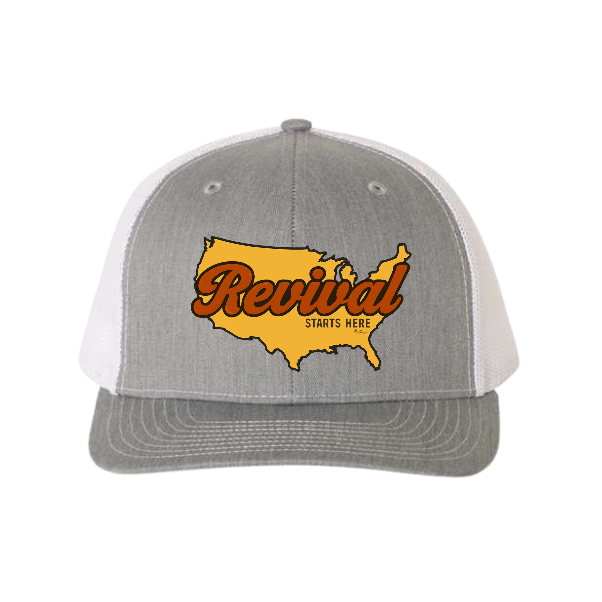 Gray and white Christian trucker cap with Revival Starts Here overlaying a map of the USA