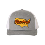 Gray and white Christian trucker cap with Revival Starts Here overlaying a map of the USA