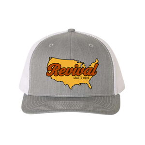 Gray and white Christian trucker cap with Revival Starts Here overlaying a map of the USA