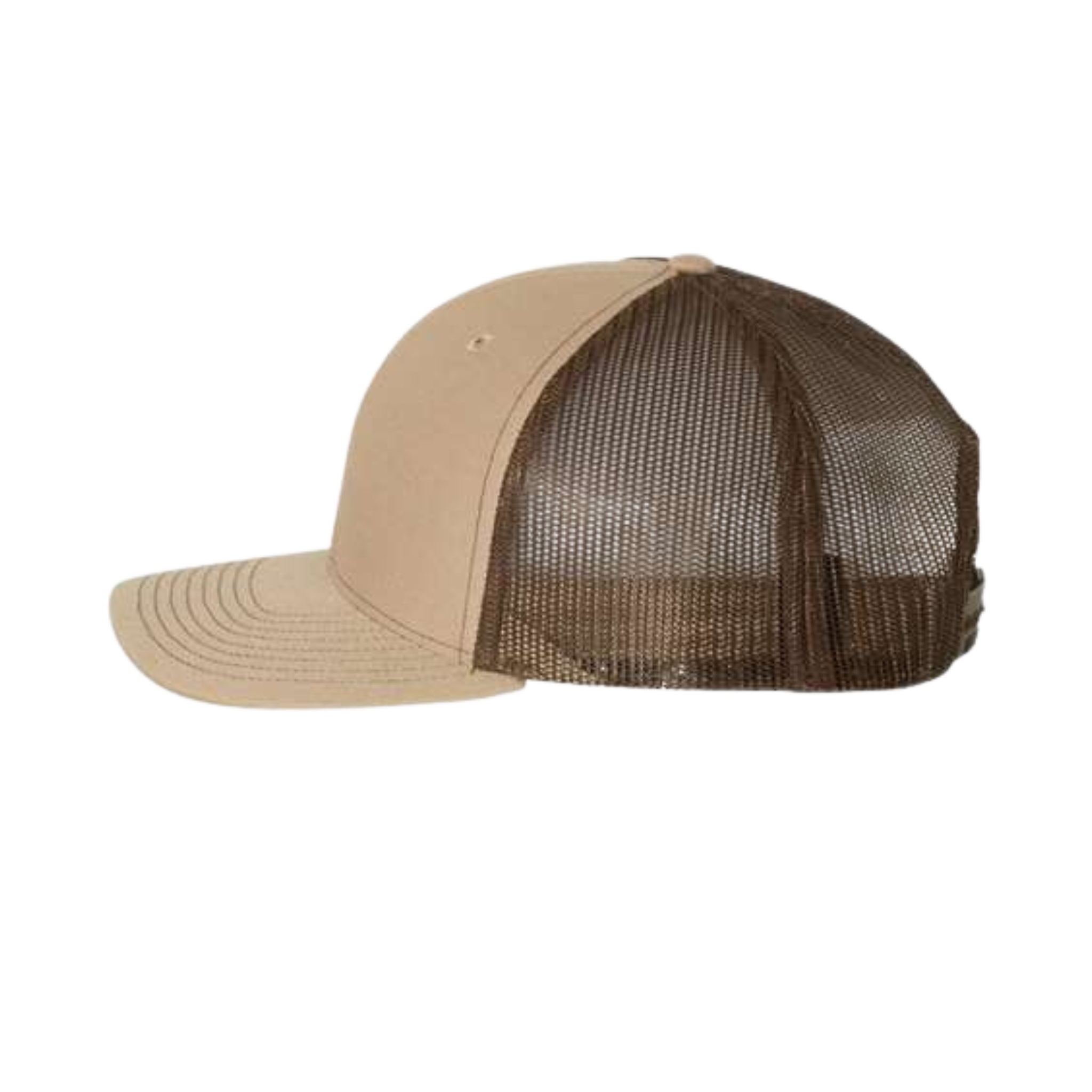 Side view of a beige and brown Christian trucker cap with Revival Starts Here overlaying a gold map of the USA
