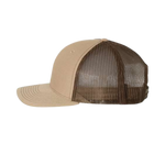 Side view of a beige and brown Christian trucker cap with Revival Starts Here overlaying a gold map of the USA