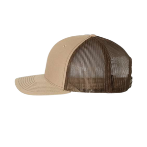 Side view of a beige and brown Christian trucker cap with Revival Starts Here overlaying a gold map of the USA