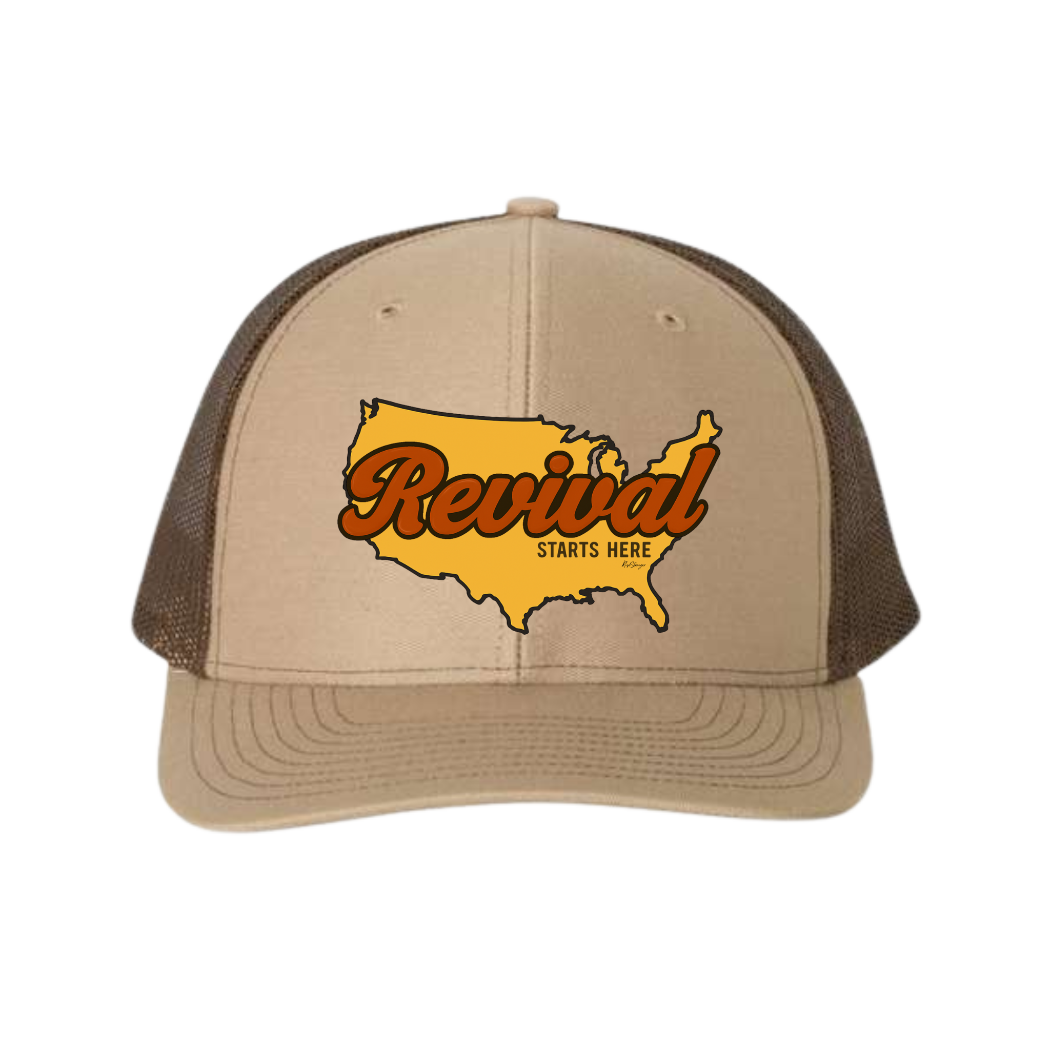 Beige and brown Christian trucker cap with Revival Starts Here overlaying a gold map of the USA