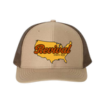 Beige and brown Christian trucker cap with Revival Starts Here overlaying a gold map of the USA