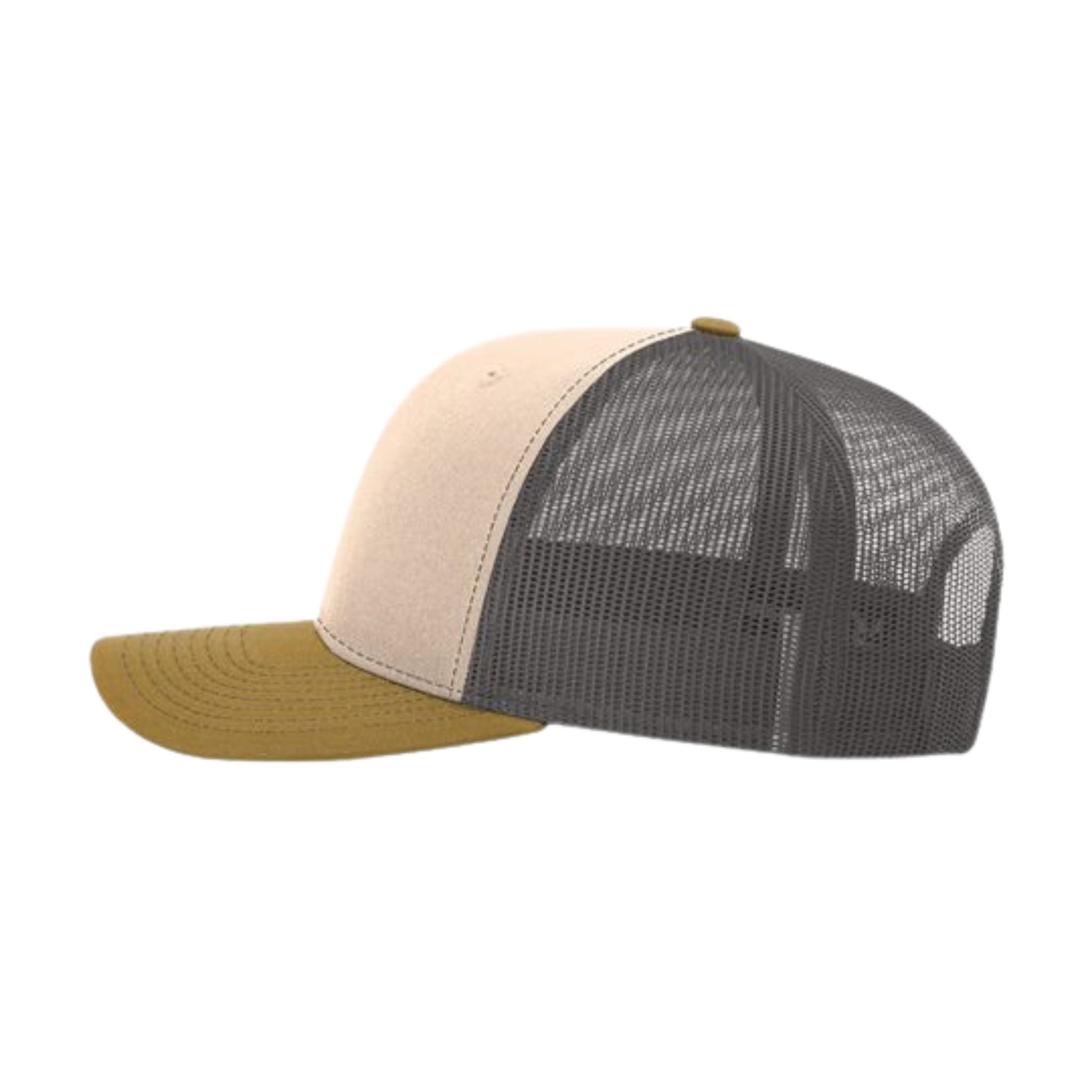 Side view of a mink, beige and charcoal Christian trucker cap with Revival Starts Here overlaying a gold map of the USA