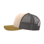Side view of a mink, beige and charcoal Christian trucker cap with Revival Starts Here overlaying a gold map of the USA