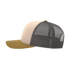 Side view of a mink, beige and charcoal Christian trucker cap with Revival Starts Here overlaying a gold map of the USA