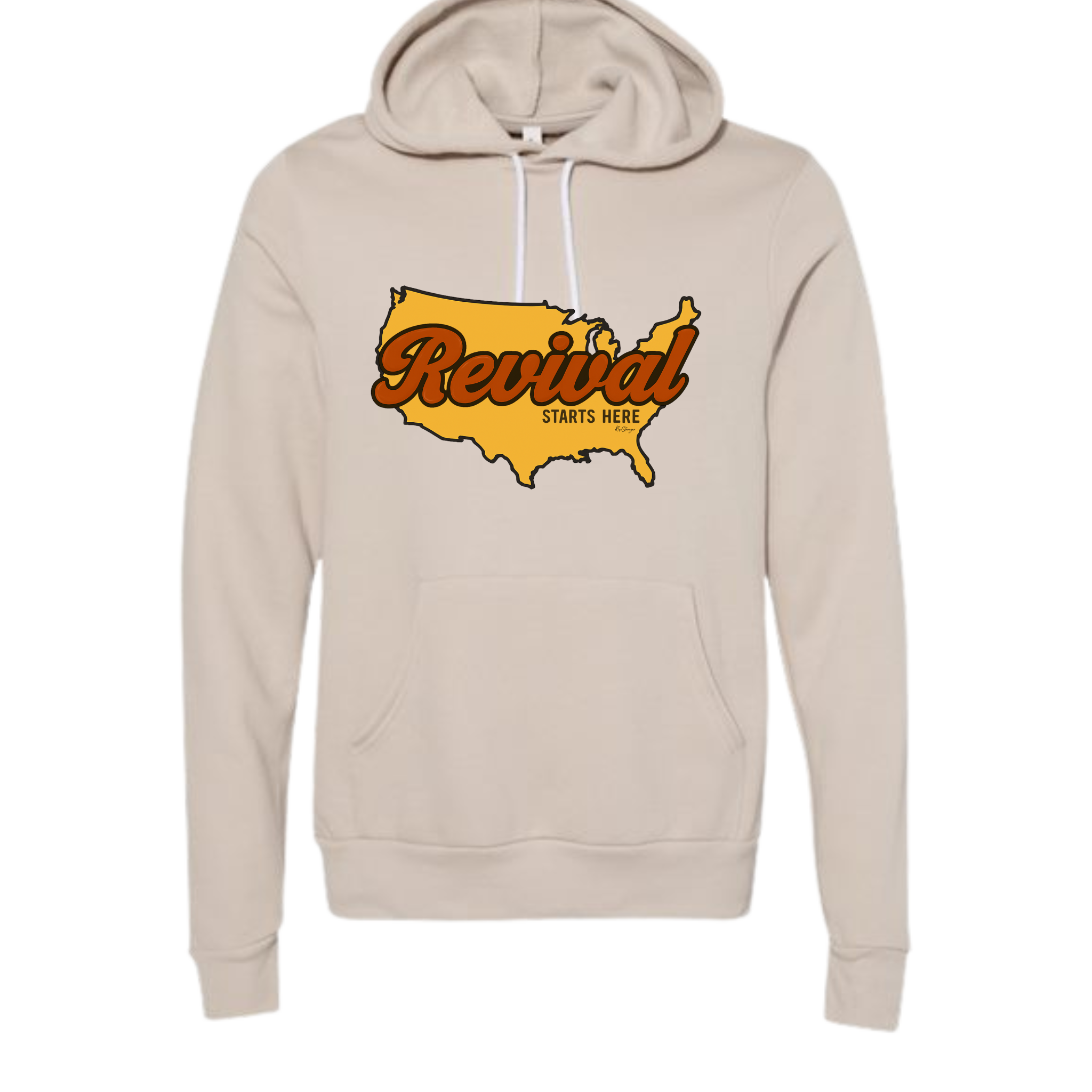 Dust-color Christian hoodie with Revival Starts Here overlaying an image of the USA