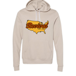 Dust-color Christian hoodie with Revival Starts Here overlaying an image of the USA