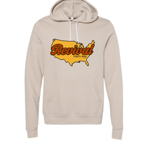 Dust-color Christian hoodie with Revival Starts Here overlaying an image of the USA