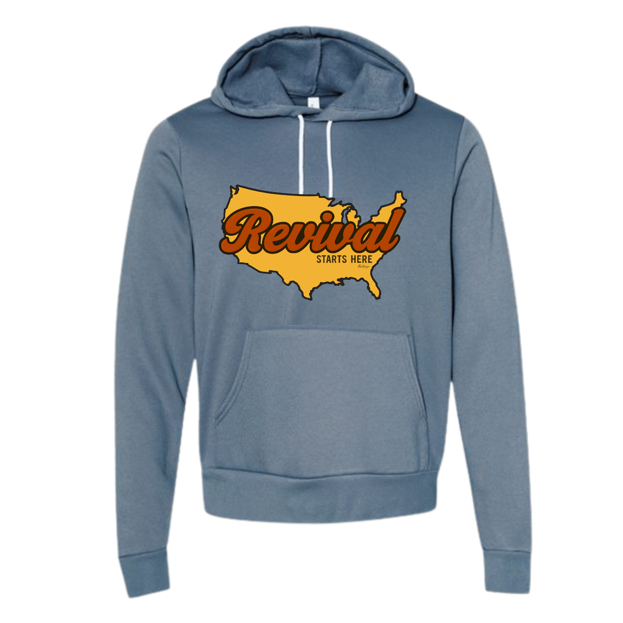Revival Starts Here text over an image of the USA on a steel blue hoodie