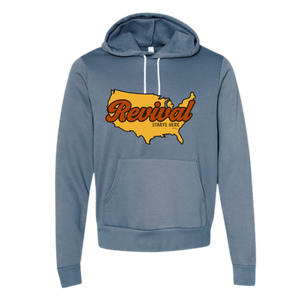 Revival Starts Here text over an image of the USA on a steel blue hoodie