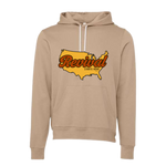 Tan  Christian hoodie with Revival Starts Here overlaying an image of the USA