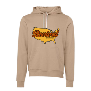 Tan  Christian hoodie with Revival Starts Here overlaying an image of the USA