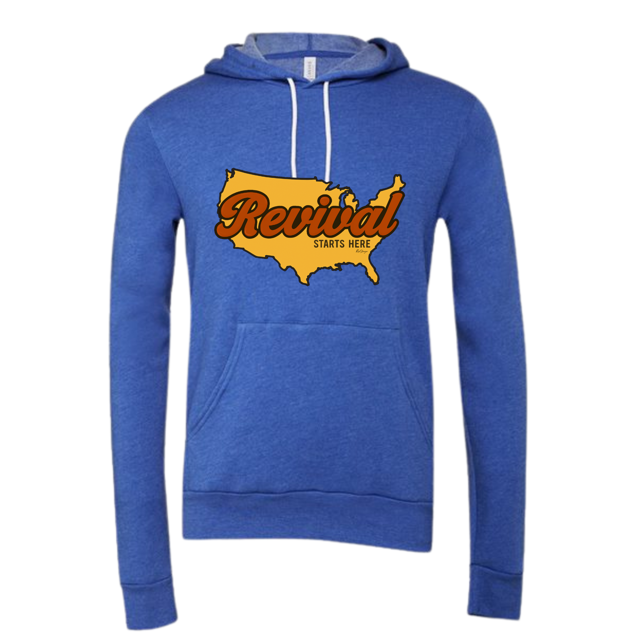 Blue Christian hoodie with a graphic design of the USA with 'Revival Starts Here' text