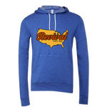 Blue Christian hoodie with a graphic design of the USA with 'Revival Starts Here' text