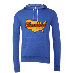 Blue Christian hoodie with a graphic design of the USA with 'Revival Starts Here' text
