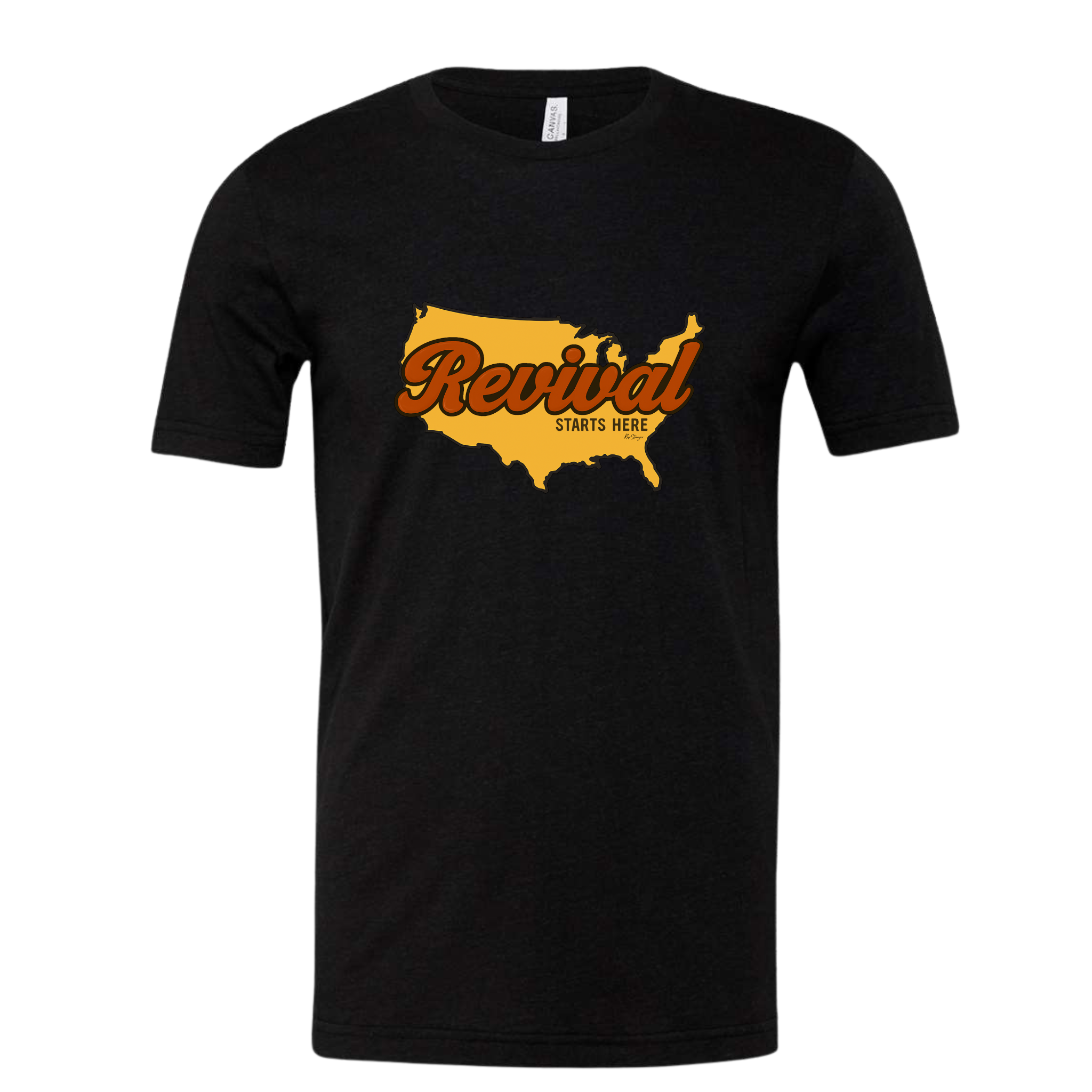Black t-shirt with yellow USA graphic overlayed by  'Revival Starts Here'.