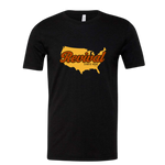 Black t-shirt with yellow USA graphic overlayed by  'Revival Starts Here'.