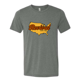 Gray Christian t-shirt with a graphic of the United States and 'Revival Starts Here' text.