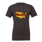 Dark grey classic Christian tee with Revival Starts Here overlaying the USA