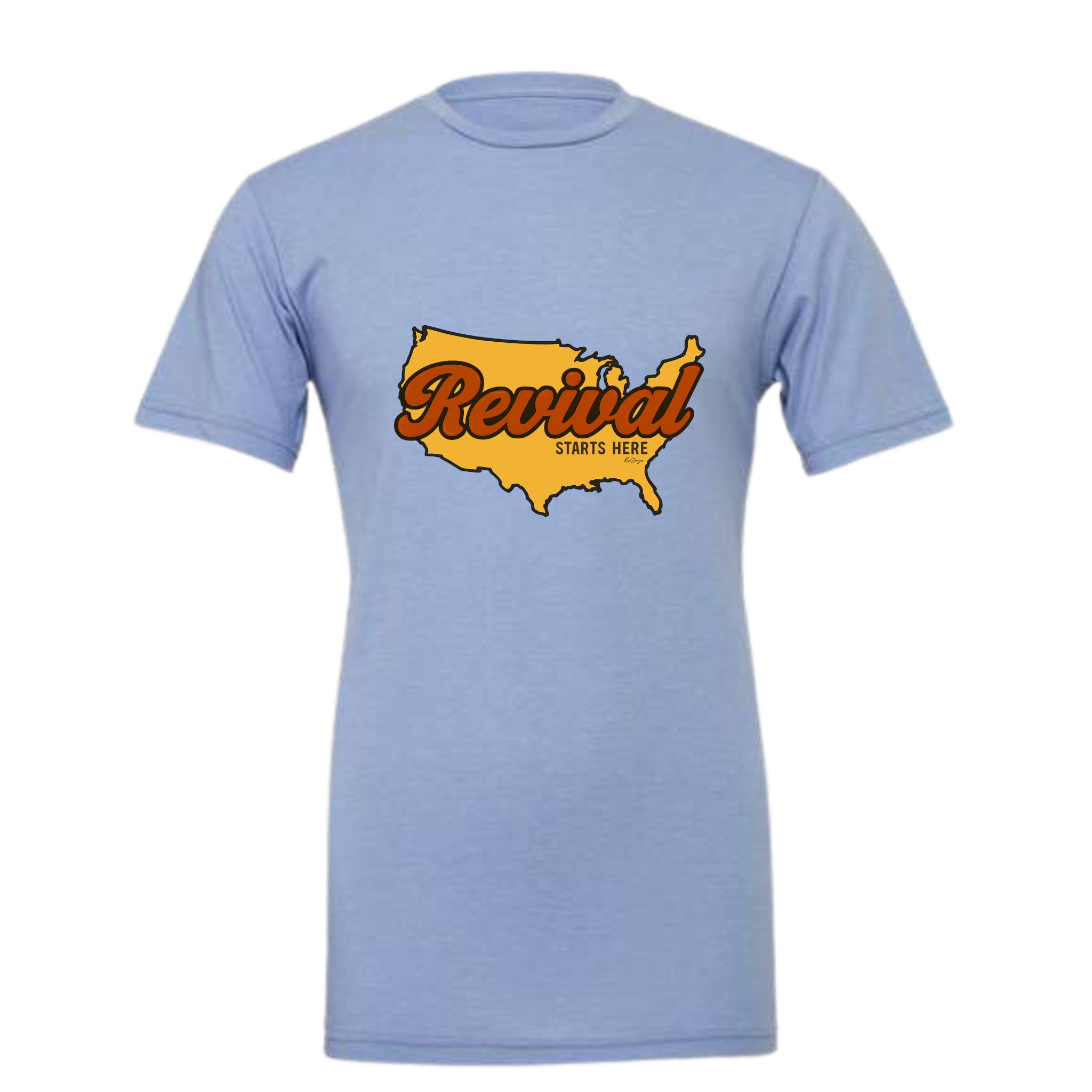 Heather Blue tshirt with Revival Starts Here overlaying the USA